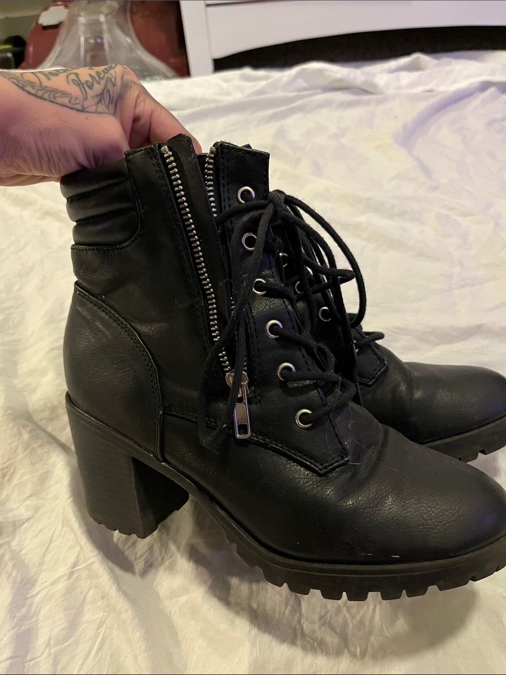 Nordstrom Black Lace-Up Block Heel Combat Boots